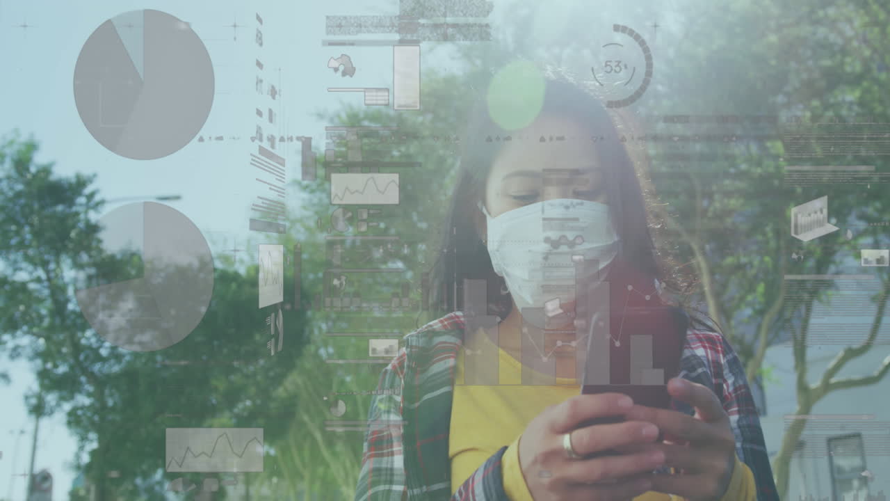 Schermi con elaborazione dati su donna con mascherina che usa lo smartphone per strada
