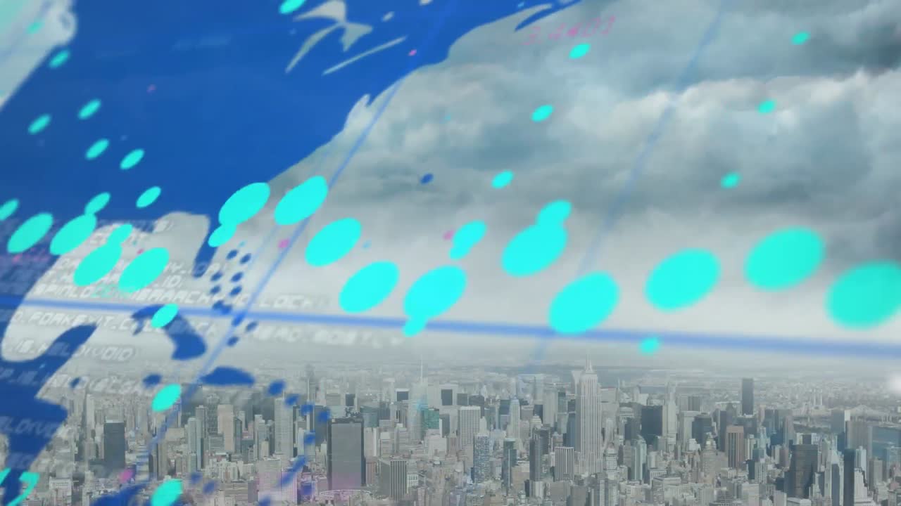 도시 풍경 위의 데이터 처리 애니메이션