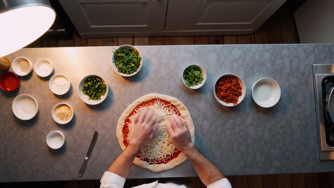 Overhead view of hands preparing a pizza in a kitchen