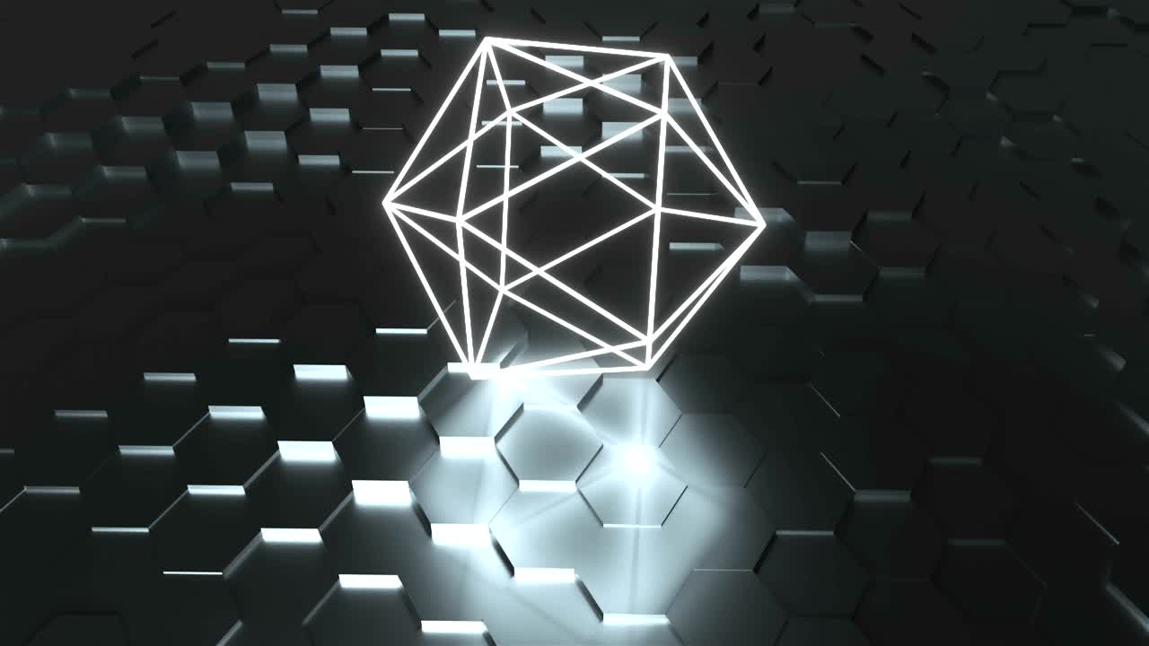 el símbolo del átomo de neón está en la superficie con reflexión, fondo de renderización 3d futurista, forma geométrica de icosaedro