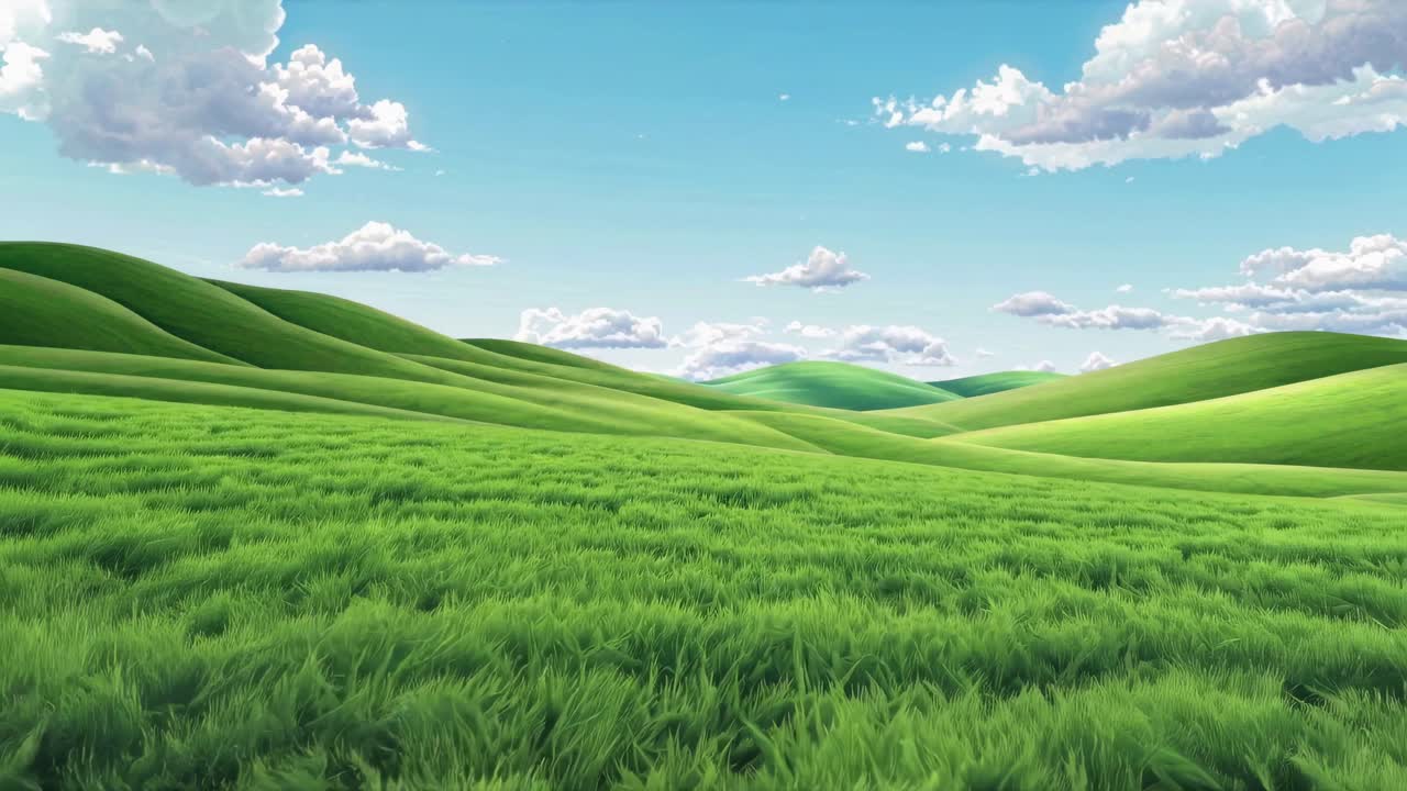 Wide-angle video shot of lush green hills under a bright blue sky with scattered clouds