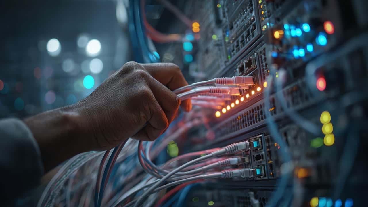 A Close-Up of Networking Cables Being Connected in a High-Tech Data Center, Displaying Colorful LED Lights and Complex Wiring Systems for Efficient Data Transmission