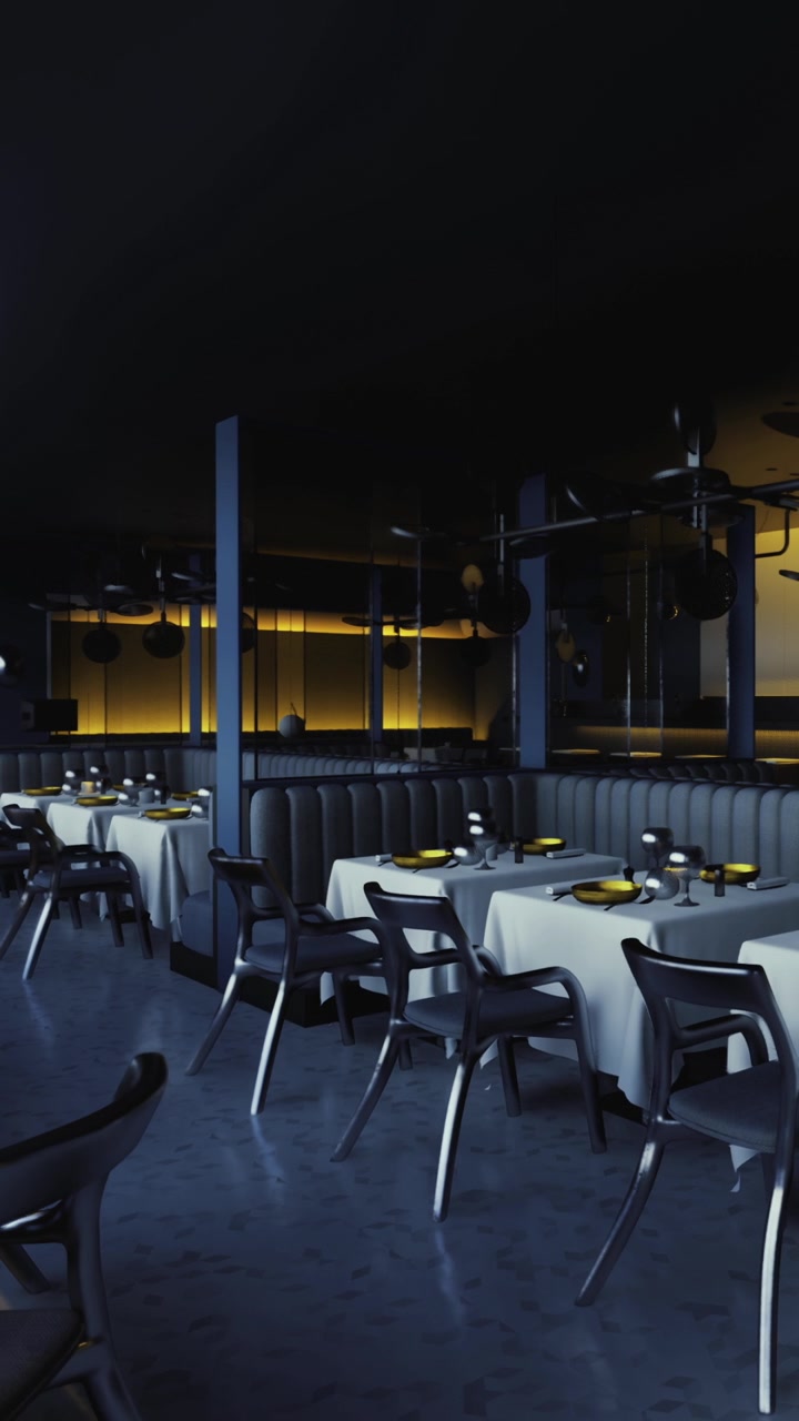 Moderne restaurantmiljø med borde og stole i et dæmpet miljø