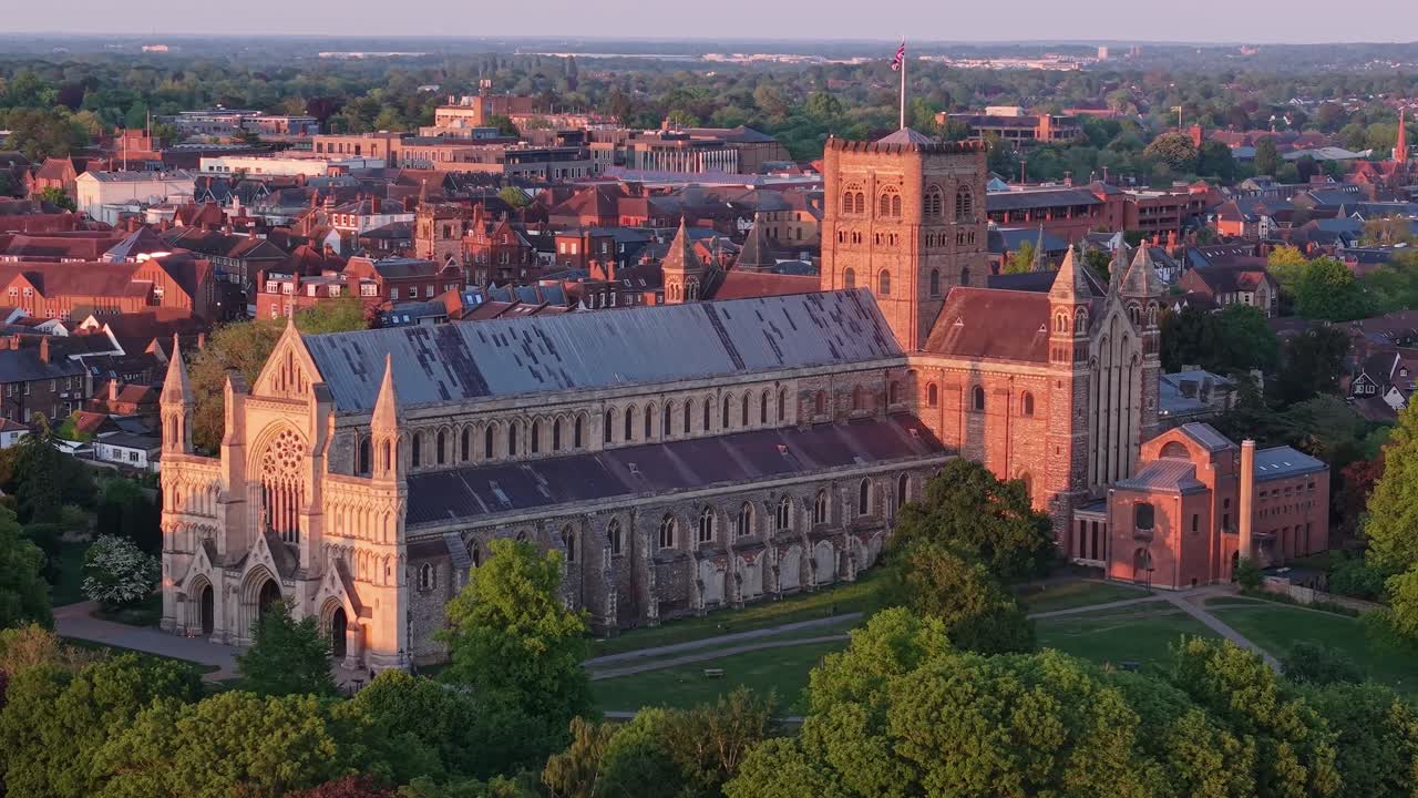 Stunning aerial cinematic footage captures the historic St Albans Cathedral, showcasing its gothic architecture and majestic presence from above