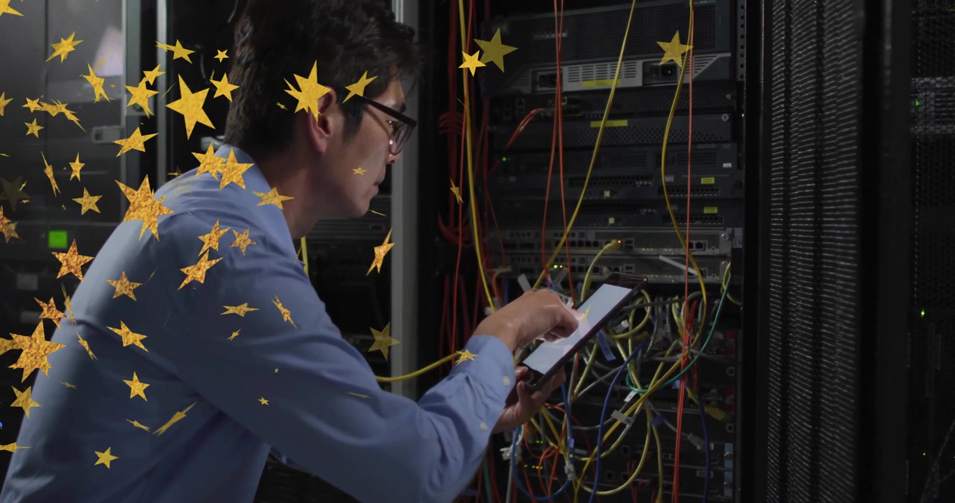 Network engineer tapping tablet, running diagnostics to check network health with gold star overlay
