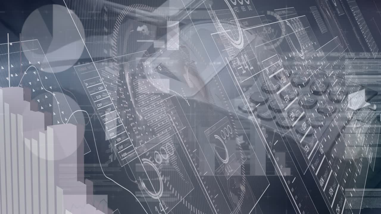 Financial data processing on a black background is a digital composite of various financial charts