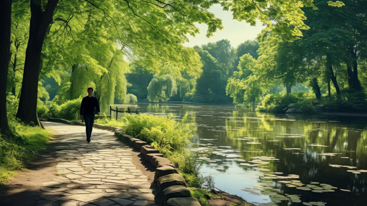 Serene park scene with a winding stone path beside a tranquil lake, captured from a low angle