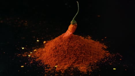 slow motion spicy whole red chilli pepper falling into pile of savoury paprika powder isolated on black background studio shot