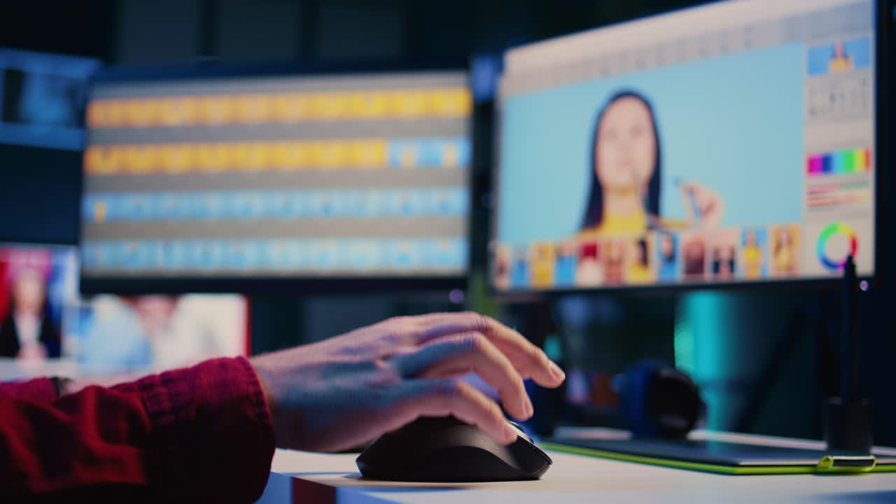 experto en edición de fotos en la oficina de una agencia de publicidad, toma de primer plano