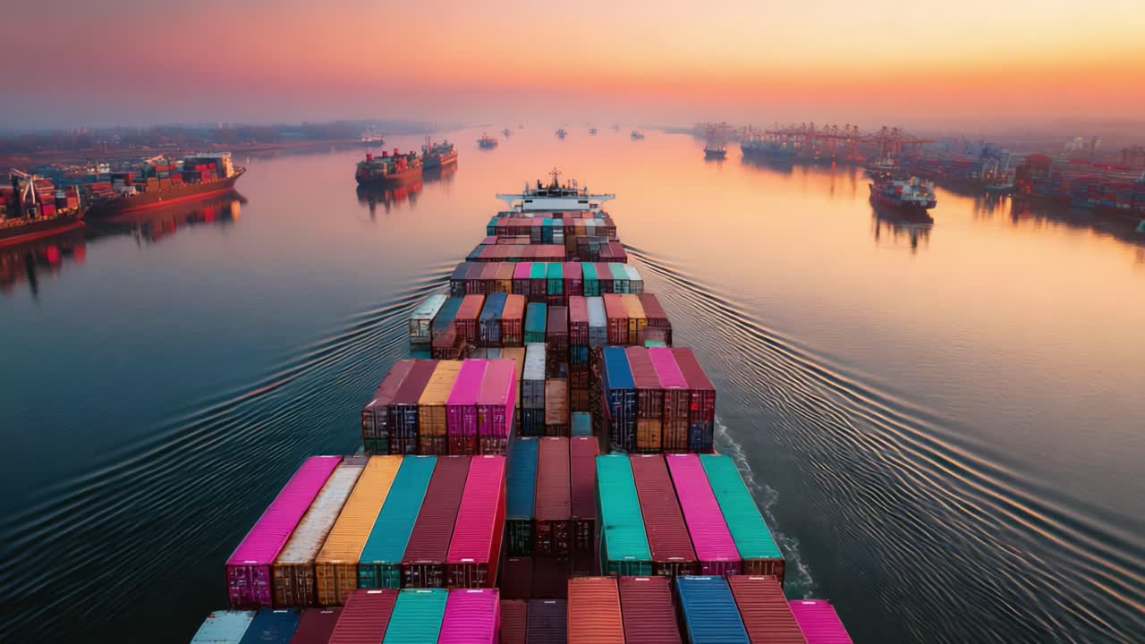 Luftfoto af fragtskib, der navigerer gennem roligt vand i skumringen, omgivet af containerskibe i havnen mod en fantastisk solnedgang