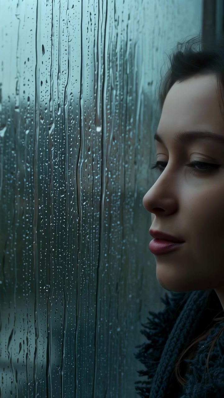 Video verticale: Donna appoggiata che inclina la testa verso la finestra mentre piove, riflettendo, con sciarpa, spazio per il testo.