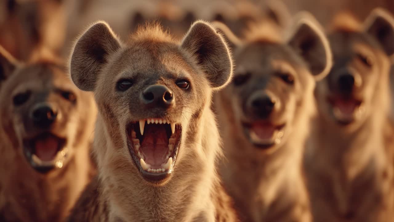 A Pack of Hyenas Displaying Aggression: Captivating Close-Up Portraits of Bold and Vocal Creatures in Their Natural Habitat