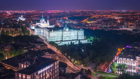 Timelapse-of-Madrid-Royal-Palace-and-Almudena-Cathedral-at-night