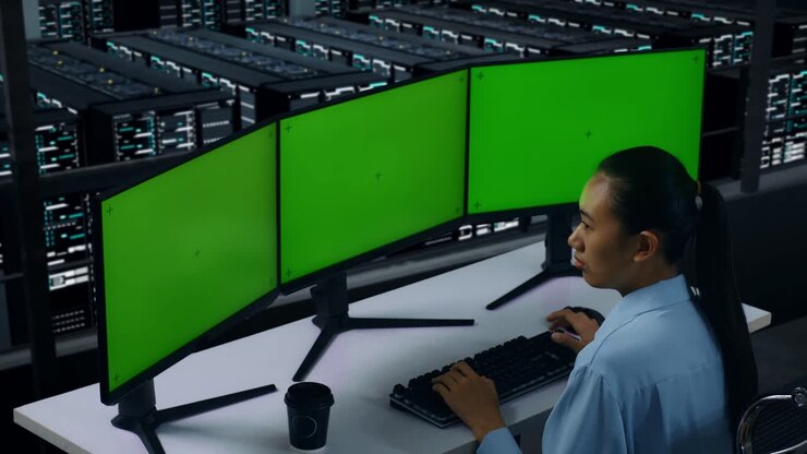Sidebillede af asiatisk kvinde, der arbejder med mockup af flere computerskærme i et datacenter