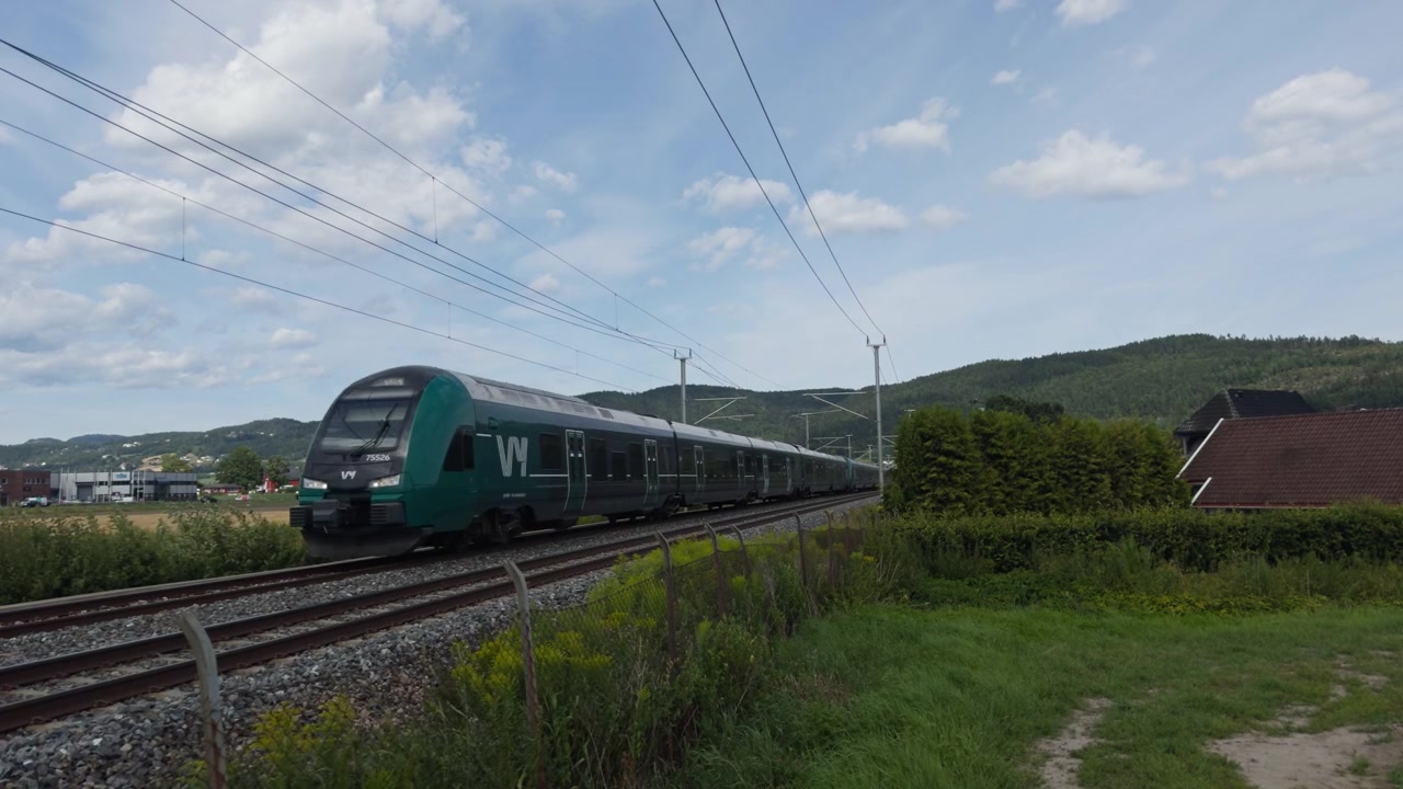 Treno passeggeri rosso che si muove lungo i binari ferroviari attraverso un paesaggio verde vicino a Drammen e Lier, Norvegia. Concetto di trasporto pubblico, viaggio in treno e infrastruttura scandinava.
