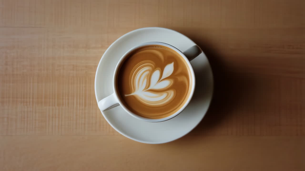 Overhead view of a latte with latte art on a wooden table