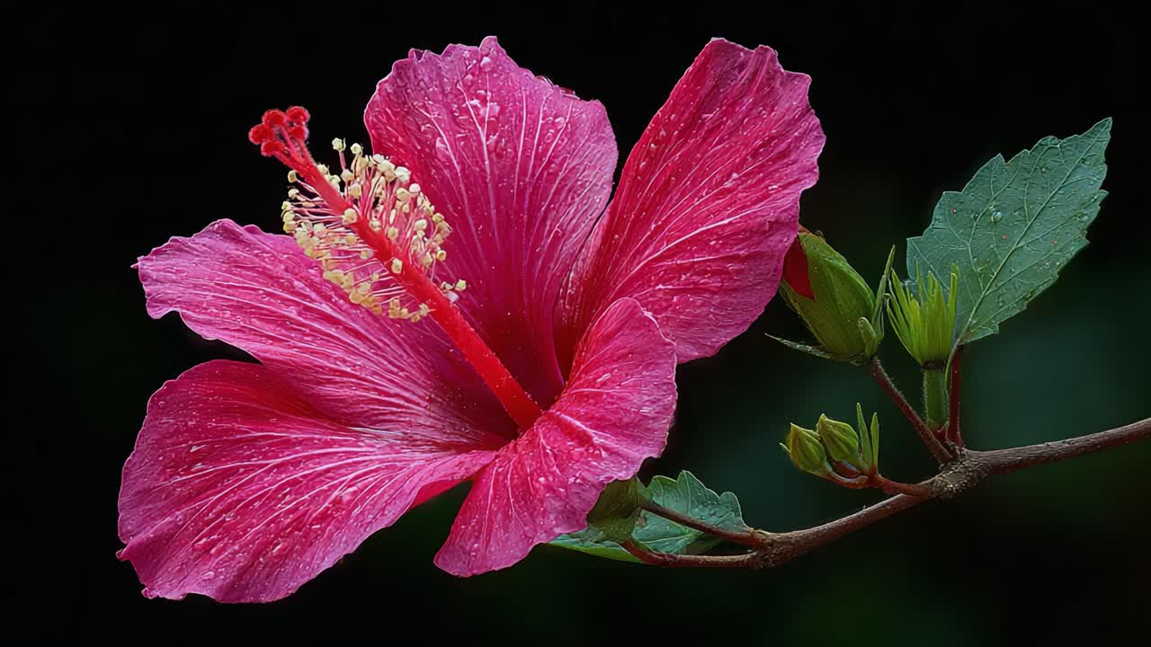 Primo piano mozzafiato di un vibrante fiore di ibisco rosa che mostra i suoi dettagli intricati e la sua bellezza naturale su uno sfondo scuro in due cornici distinte