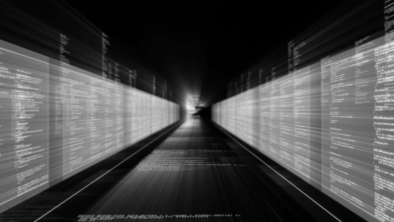 Animation of data processing in perspective on black background
