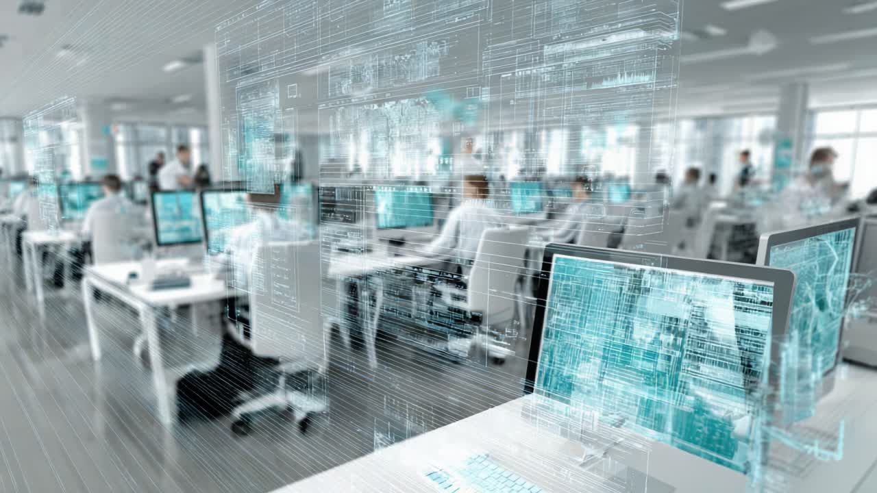 Futuristic Office Environment Showcasing Advanced Workstations with Data Visualization, Enhancing Collaboration and Productivity in a Modern Workspace