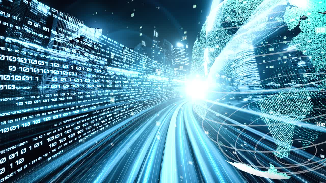 미래의 글로벌 네트워크와 암 ⁇ 적인 디지털 데이터 전송 3d 그래픽