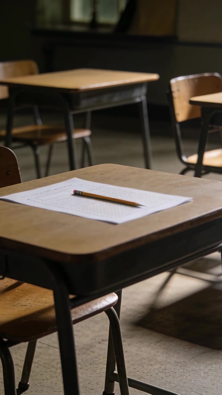 Vertical video: Shifting camera focusing on front desk in class, showing answer sheet and pencil