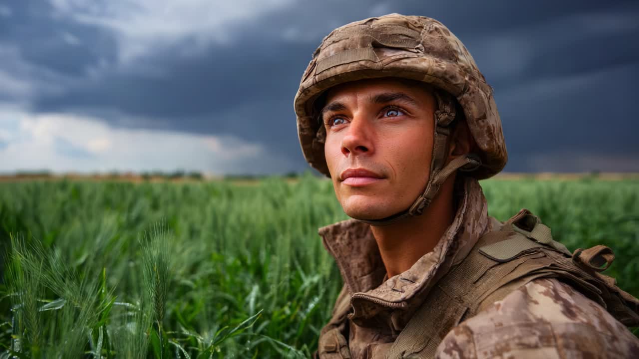 A Soldier Reflecting in the Fields: A Poignant Moment Amidst Nature's Stormy Skies, Captured in Two Frames for an Emotional and Inspirational Perspective
