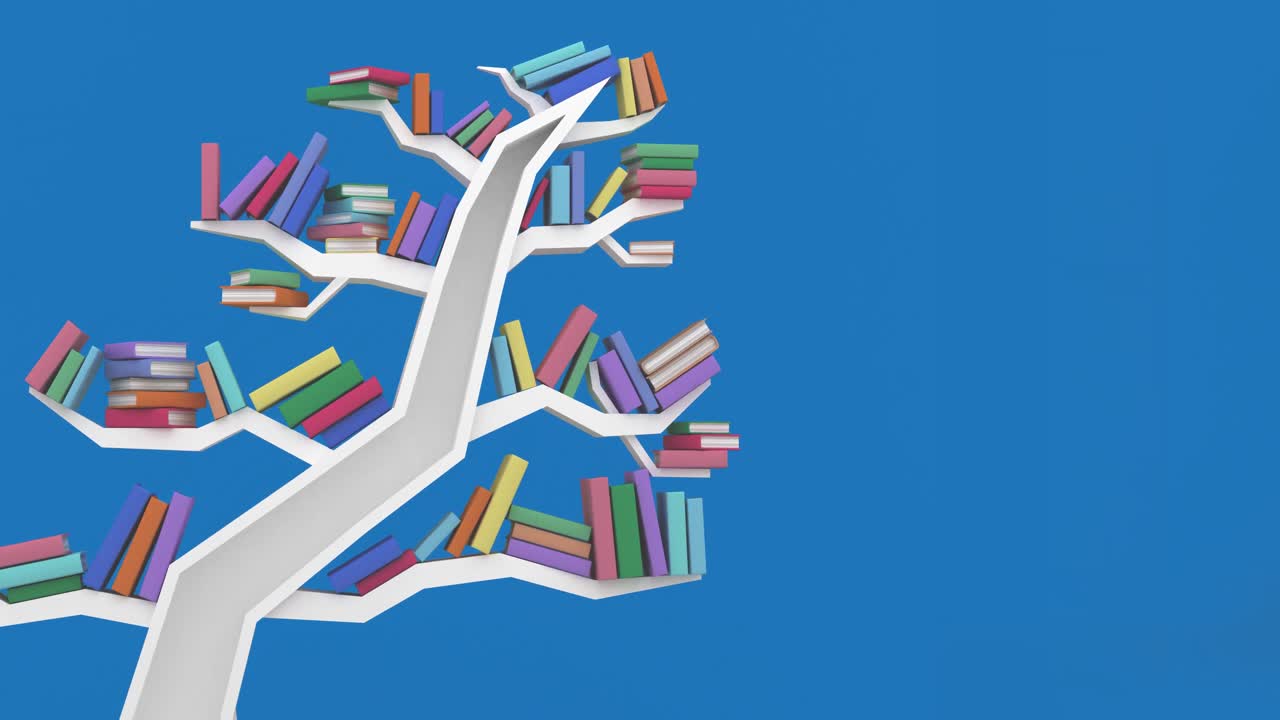 Animation of bookcases in the shape of human head and tree on blue background
