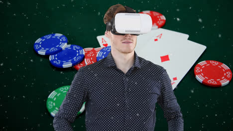 Animation-Der-Verwendung-Eines-VR-Headsets-Und-Einer-VR-Schnittstelle-über-Spielkarten-Und-Pokerchips-Auf-Einem-Spieltisch