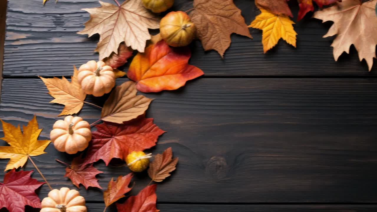 Top-down view of autumn leaves and mini pumpkins on dark wood, creating a cozy, seasonal frame