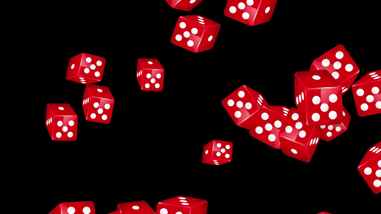 Animazione dinamica di dadi da gioco rossi che esplodono e rotolano nello spazio oscuro con un'illuminazione realistica