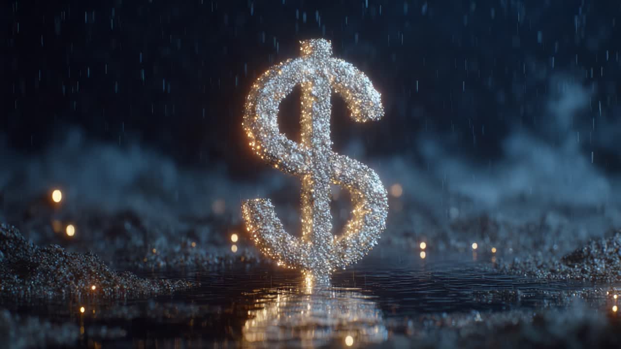 Una Vetrina Illuminante di un Simbolo del Dollaro Scintillante in un'Atmosfera Piovosa, Che Cattura Ricchezza e Prosperità in uno Scenario Mistico