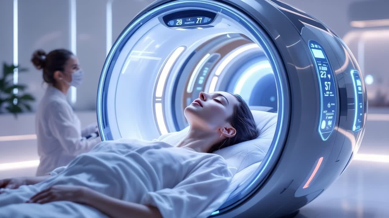 Female patient lies calmly in a high-tech medical device, receiving treatment in a modern healthcare environment, with soft lighting and advanced technology enhancing the atmosphere