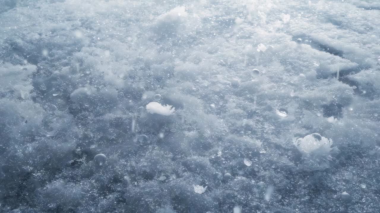 Showing trapped air bubbles rising, bursting on pond slushy ice close-up with thawing progressing