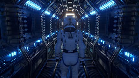 astronauta caminando en el túnel de la nave espacial, corredor del transbordador de ciencia ficción. tecnología abstracta futurista. tecnología y concepto futuro. luz parpadeante. animación 3d