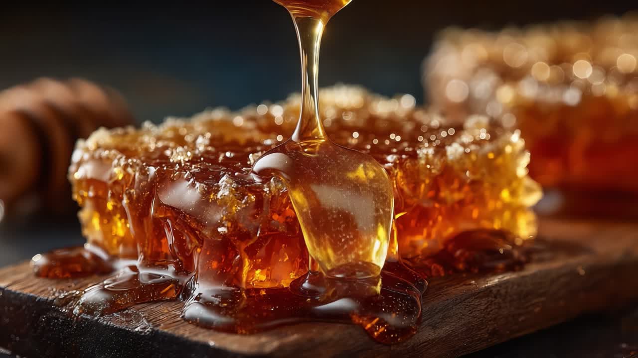 Miele dorato che cola da un favo fresco su una superficie di legno, catturando la ricchezza e la morbidezza della dolcezza naturale, perfetto per gli appassionati di cucina e benessere.