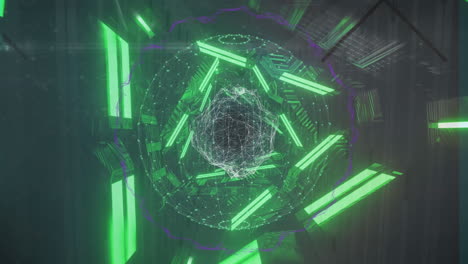 animación de la red de conexiones y formas de neón giratorias en el espacio digital