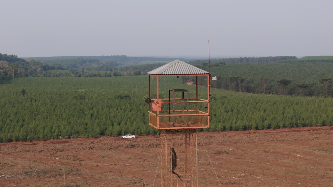 Drone view of a forest guard tower in a reforestation area.
