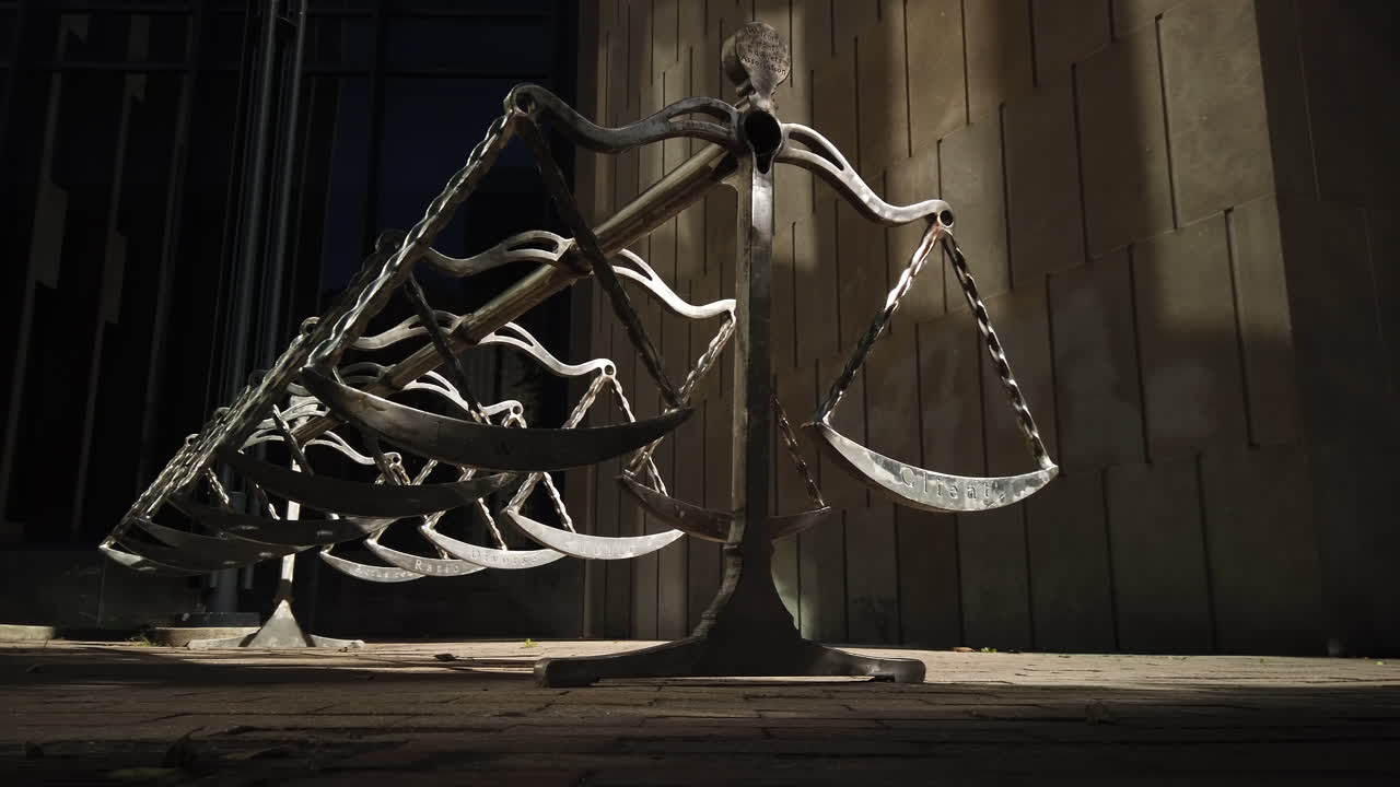 Scales of Justice bike rack sitting empty outside a Toronto court house, low angle medium wide shot panning left to right