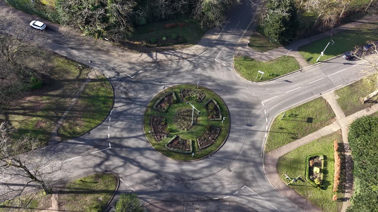Sollershott circus, the uk's first roundabout, surrounded by greenery, aerial view