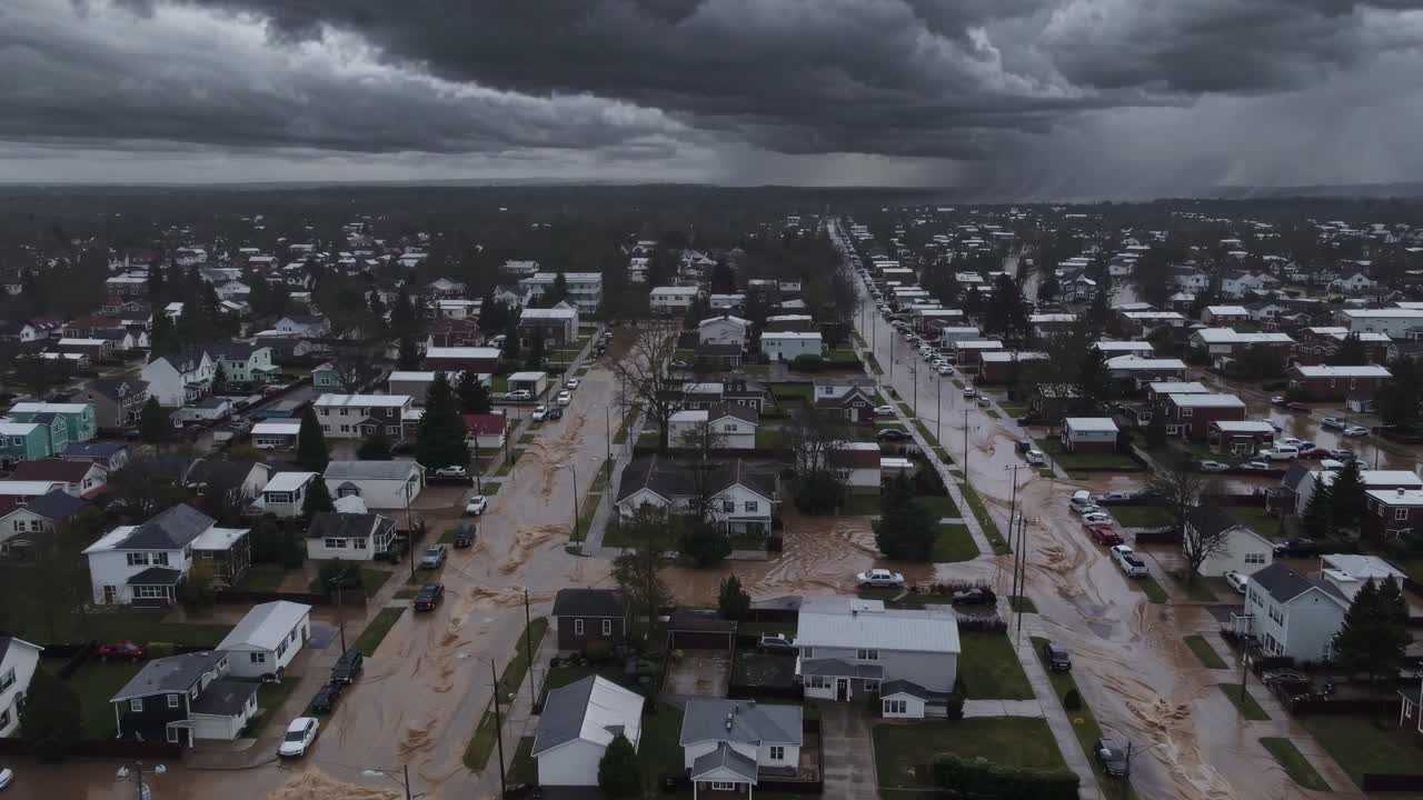 Dramatic aerial view revealing residential neighborhood flooded with muddy water, overwhelming streets and properties under dark, ominous cloudy sky during extreme weather event