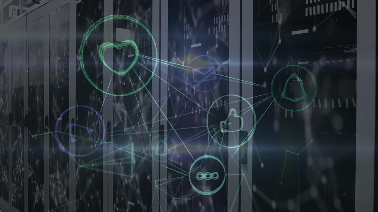 animación de iconos digitales y procesamiento de datos a través de servidores informáticos