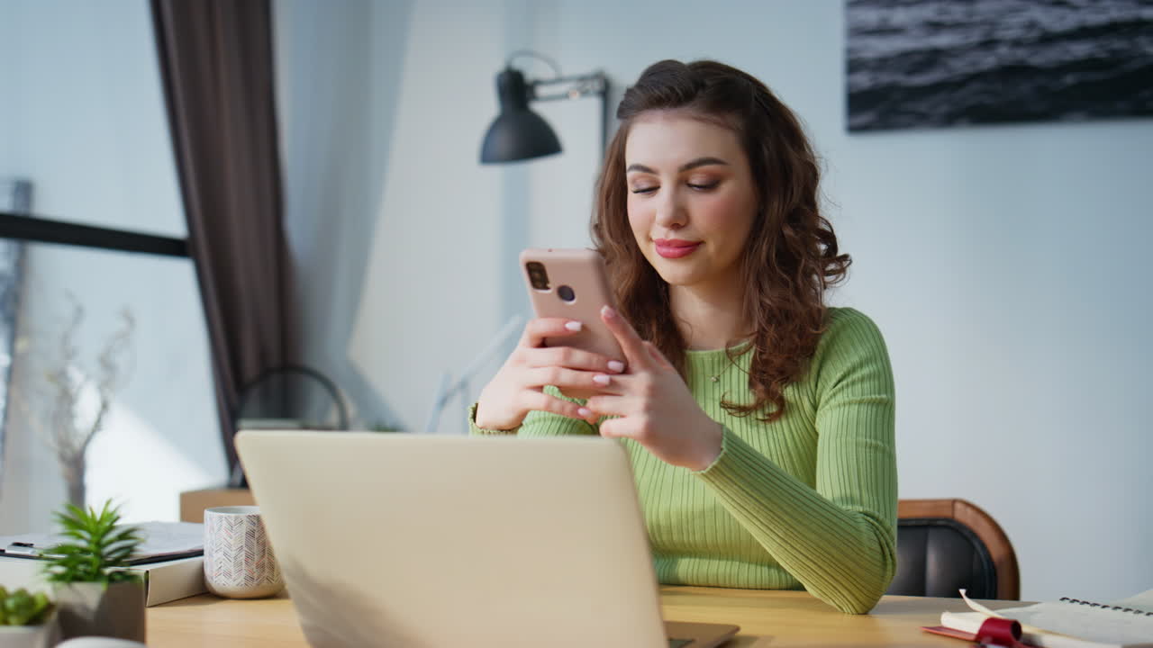 Smiling lady resting smartphone sitting office closeup. Woman enjoying break