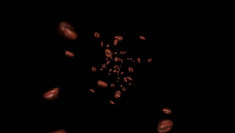 flying many coffee beans on black background. caffeine drink, breakfast, aroma. 3d animation of roasted coffee beans rotating. loop animation.