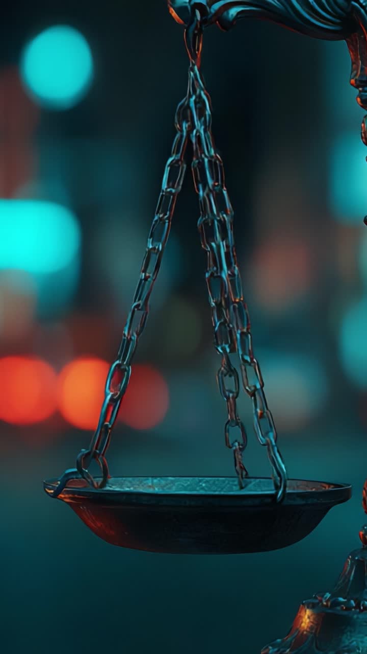 Primo piano di un'elegante bilancia sospesa a una catena, che simboleggia la giustizia e l'equilibrio su uno sfondo urbano leggermente sfocato nella luce della sera