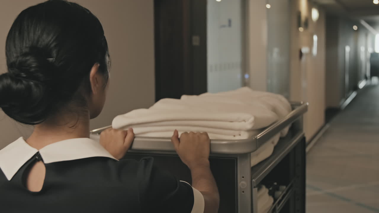 Housekeeper Carrying Hand Cart along Hotel Corridor