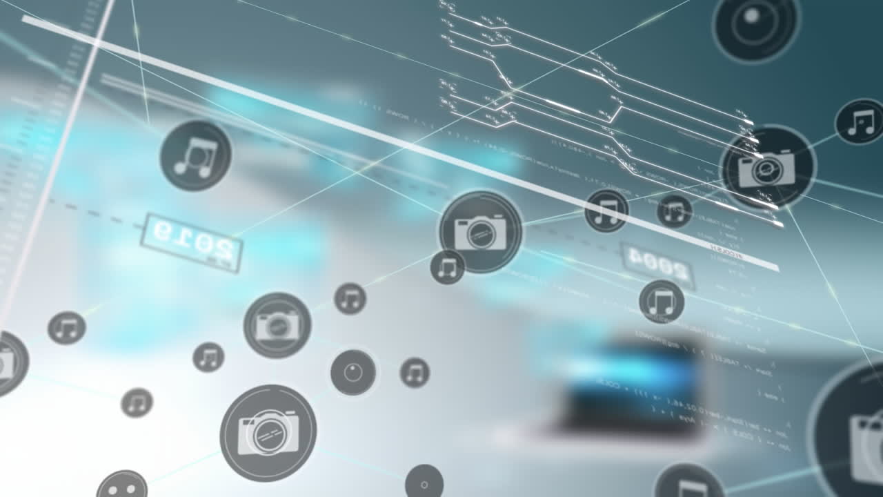 선의 애니메이션, 직사각형의 숫자, 회로판 패턴, 연결된 점, 테이블에 노트북