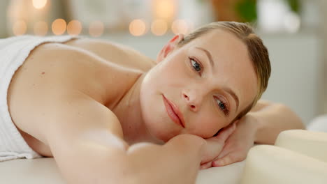 wellness, hands and massage woman at spa happy
