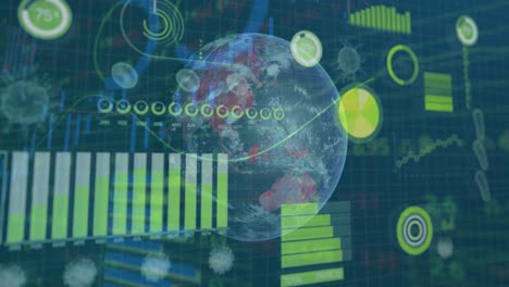 Animation-of-digital-interface-showing-statistics-with-globe-spinning