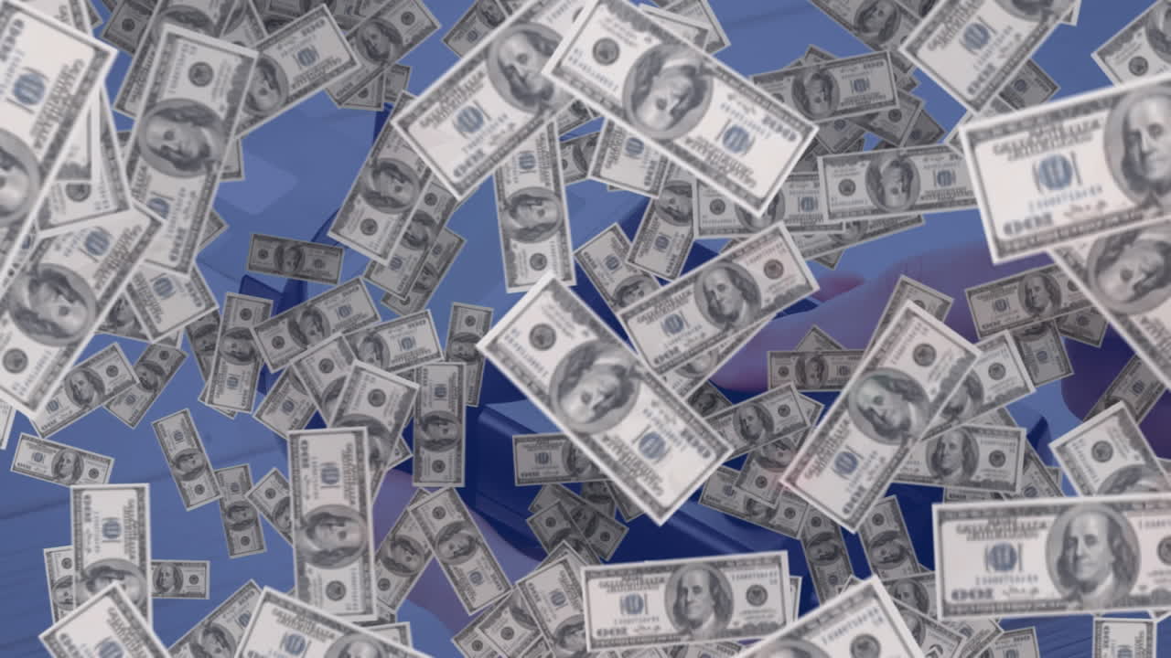 animación de billetes de dólares estadounidenses que caen sobre la terminal de pago
