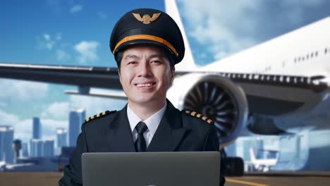 close up of asian man pilot using a laptop and smiling to camera while standing in airfield with airplane on background